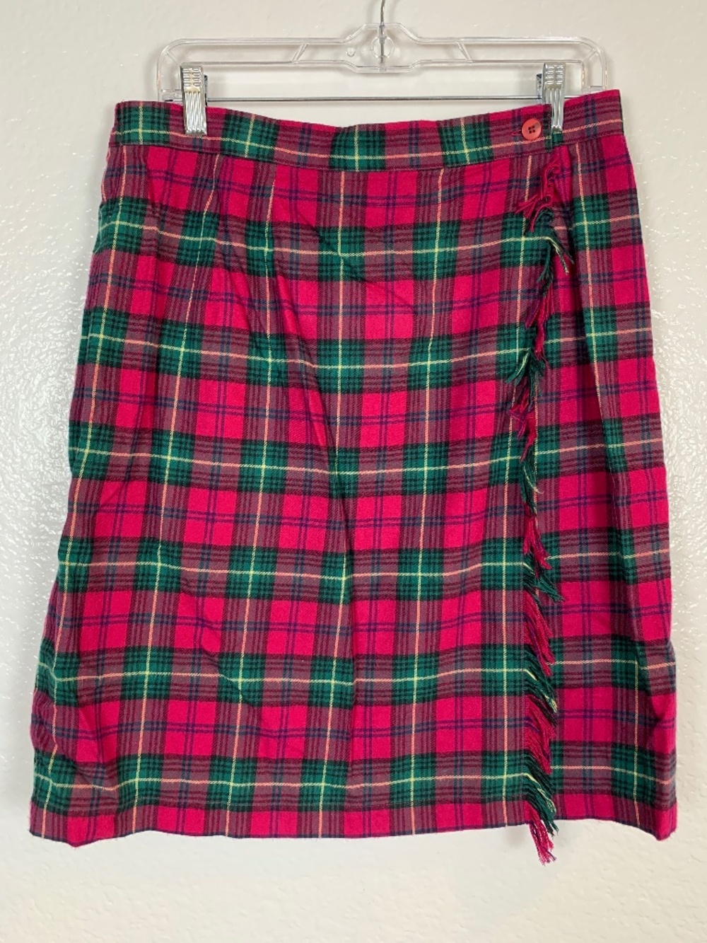 Susan Bristol Womens Tartan Plaid Flannel Skirt Size 14 Pink Green Fringe Preppy